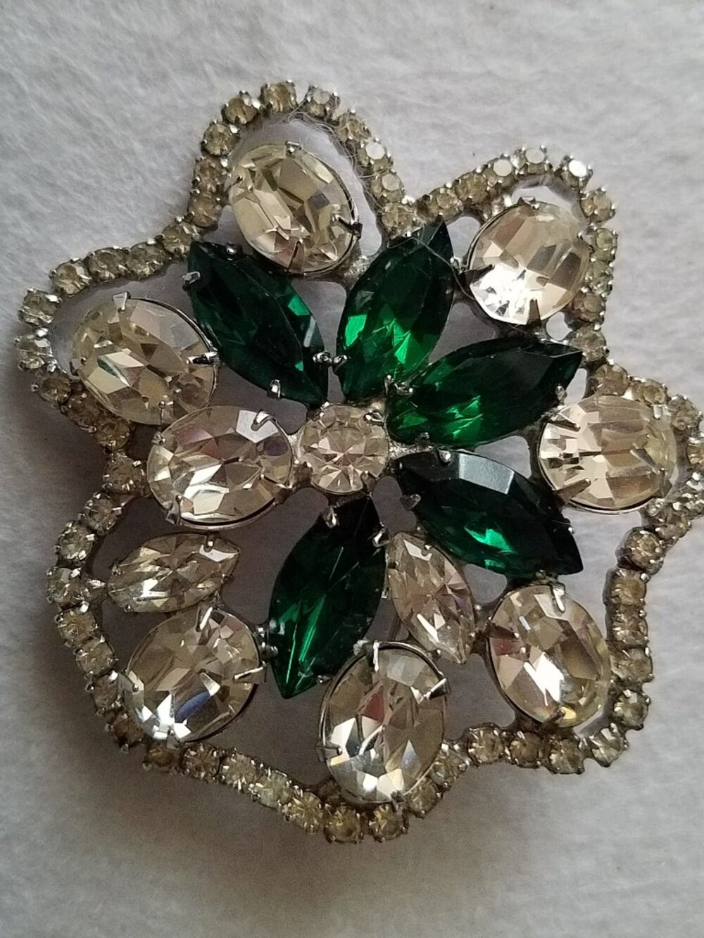 Vintage Green and Clear Rhinestone Asymmetrical Brooch
